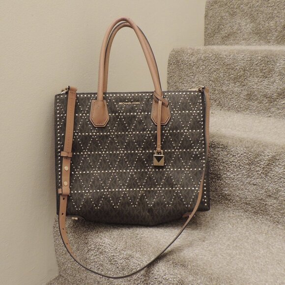 Michael Kors Studded Signature Tote Satchel Crossbody Brown Tan Logo Bag - Picture 1 of 11